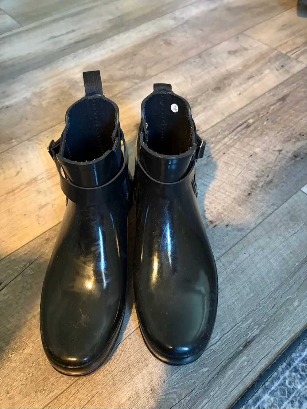Hunter Black Quilted Gloss Ankle Rain Boots with Buckle
